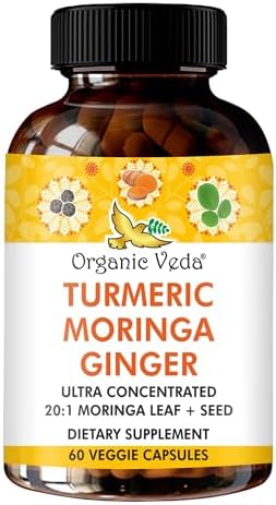 Organic Veda Turmeric Moringa Ginger Capsules – Super Antioxidants & Curcumin Supplement with 20:1 Moringa Leaf & Seed Extract, Black Pepper – Energy, Joints, Heart Health Support – 60 Vegan Pills