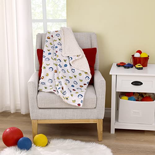 Image of NoJo Welcome to The Universe Baby Curious George White, Blue, Red, and Yellow Balloons, Bananas and Hats Super Soft Sherpa Baby Blanket