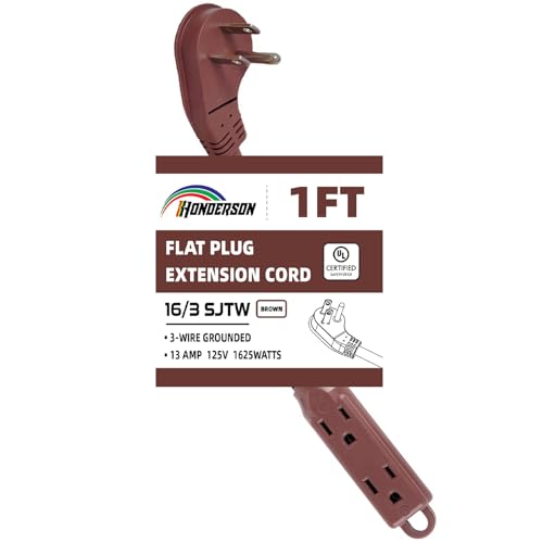 HONDERSON 3-Outlets Flat Plug Indoor Extension Cord Outlet Extender UL Certified 16 Gauge 1FT Brown 3 Prong Heavy Duty 16/3 SJTW 13A Power Strip