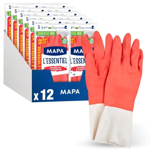 Mapa Spontex MAPA - L'Essentiel - 24 Gants de Ménage en Latex intérieur Fibres de Coton - Sensibilité et Flexibilité - Revêtement antidérapant - 12 pack de 2 paires - Taille S