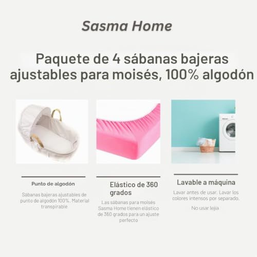 Miniatura 5 de Sasma Home - 4 Sábanas Bajeras Ajustables 100 Algodón Para Moisés O Cuna De Bebé Blanco