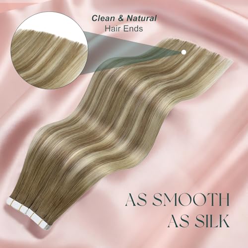 Image of Easyouth Human Hair Extensions Tape in Balayage 20 Inch Tape in Hair Extensions Human Hair Medium Brown Ombre Brown with Platinum Blonde Invisible Tape in Hair Extension 50g 20pcs