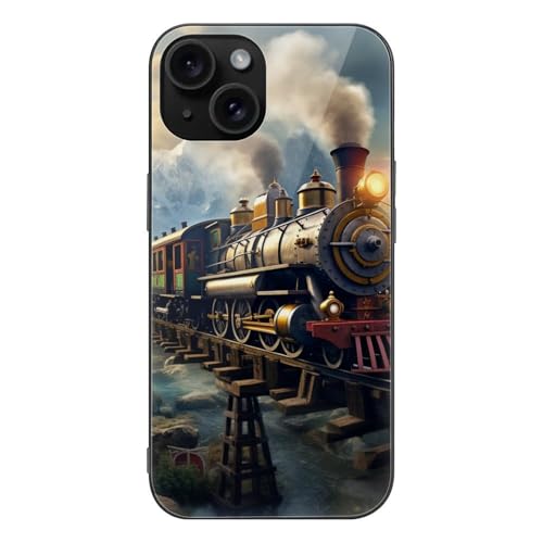 CRIVOTA for iPhone 15 Case - All-New Steam Trains Design, Glass Back + TPU Inner Shell, Extreme Slimness, Precise Cutouts, Military-Grade Tested, Cell Phone Cases for Men Women