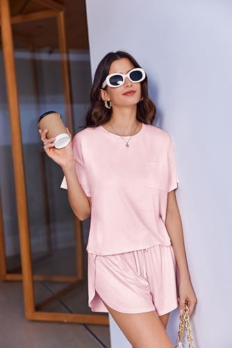 Ekouaer Womens Striped Pajama Sets Sexy Lounge Sets Side Split Short Pj Sets Cute Pjs 2 Piece Comfy Sleepwear Loungewear Pink and White Stripes Medium - 4
