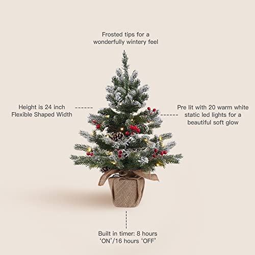 Mini árvore de Natal com neve pré-iluminada de 61 cm, árvore de Natal pequena de mesa com 20 luzes d