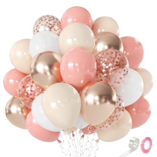 Image of Retro Blush Pink Balloons, Light Pink White Beige Gold Confetti, Party