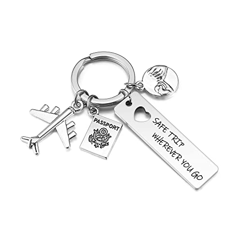 Zysta Edelstahl Schlüsselanhänger mit Gravur Flugzeug Schlüsselanhänger Charm Keychain Glücksbringer Schlüsselbund für Pärchen Freunde Papa Mama Familie (safe trip wherever you go)