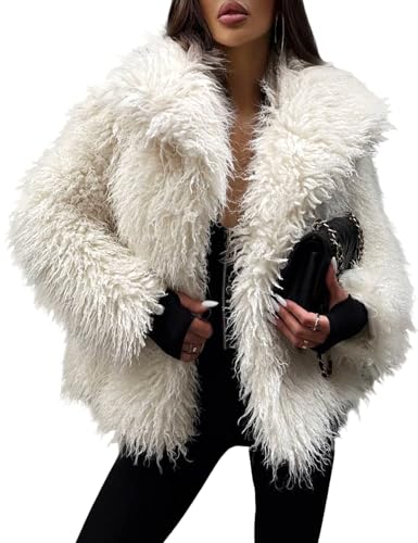 Image of Yimoon Womens Faux Fur Coat Winter Fluffy Faux Fur Jacket Long Sleeve Lapel Collar Furry Shaggy Parka Coat(Beige-S)