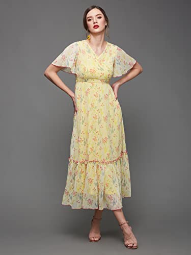 Image of Miss Chase Women's Floral V-Neck Flutter Sleeve Wrap Chiffon Maxi Dress