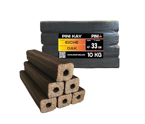 PINI Kay Briquets de roble de 33 cm de largo, cuadrados con orificio de extracción, 10 kg de briquetas de madera dura, leña, briquetas de madera, roble, para chimenea, estufa, fogata, parrilla
