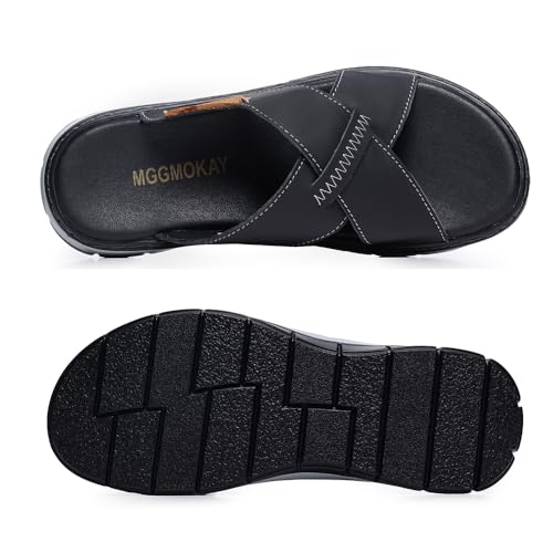 Image of MGGMOKAY Mens Cross Slides Sandals Summer Leather Slipper Anti-Slip Comfortable Sandals