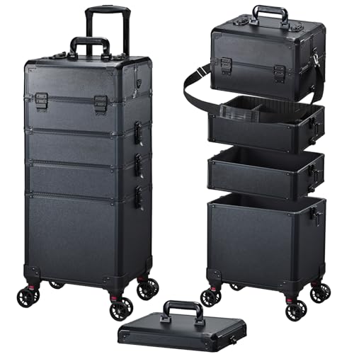 Kosmetikkoffer Alu Beauty Case 5 in 1 Kosmetik Trolley Rollkoffer Make up Koffer Groß Schminkkoffer Nagelkkoffer Abschließbare Beauty Case Friseur Box,Schwarz