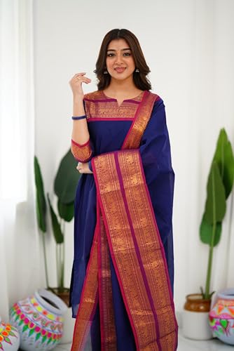 Image of TWINLIGHT Women's Kanchi Cotton Elephant Jaquard Work Kurta and Dupatta Set | V Neck 3 /4 Sleeves Straight Calf Length Kurti with Jaquard Border Work Dupatta | Kurti Set for Women