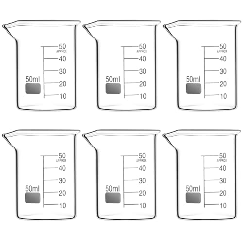 QWORK Sturdy Glass Beaker Set, 1.7oz (50ml), Pack of 6, 3.3 Borosilicate Griffin Low Form with Printed Graduations and Large Marking Spot