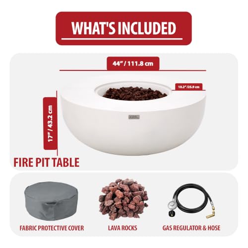 Image of AMS Creations | Eclipse 44 inch Round Cast Concrete Propane Gas Fire Pit Bowl Table | Cream White | Smooth Texture Surface | Electronic Ignition | Outdoor Patio Heater Outside Backyard Fireplace