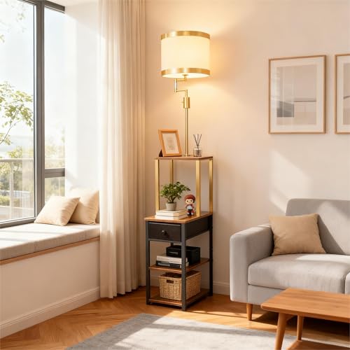 Image of Lightdot Floor Lamp with Shelves&Drawer, Modern Standing Lamp with 350 Adjustable Lamp Head, Fabric Shade& Bulb Included, Display Corner Floor Lamp for Living Room /Sofa Beside /Corner Decor