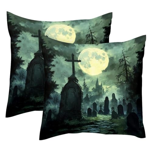 Lot de 2 housses de coussin Halloween velours motif tombe 50x50 cm