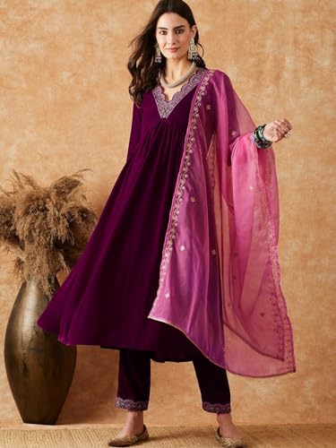 Image of SheWill Women's Zari Sequence Embroiderd Velvet Kurta with Pant and Dupatta| Salwar Suit Set with Dupatta| Velvet Kurta Set Women| Kurta Set for Women|Kurta Set with Dupatta for Women| Anarkali Kurta