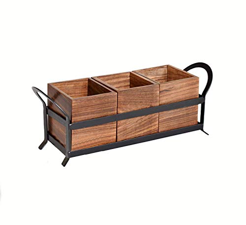 Decorlay Sheesham Wood Cutlery Holder for Kitchen and Dining Table with 3 Wooden Jar and 1 Stylish Iron Stand (Brown and Black) 35x11x14 cm