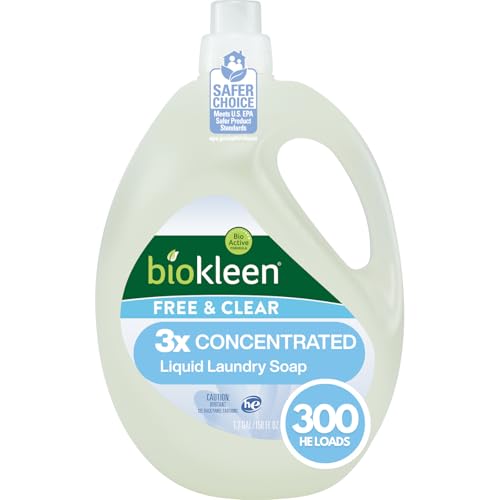 Biokleen Free & Clear Natural 3X Concentrated Liquid Laundry Detergent, 300 Loads, Plant-Based, Hypoallergenic, Removes Stains & Fights Odors, Dye Free, Unscented