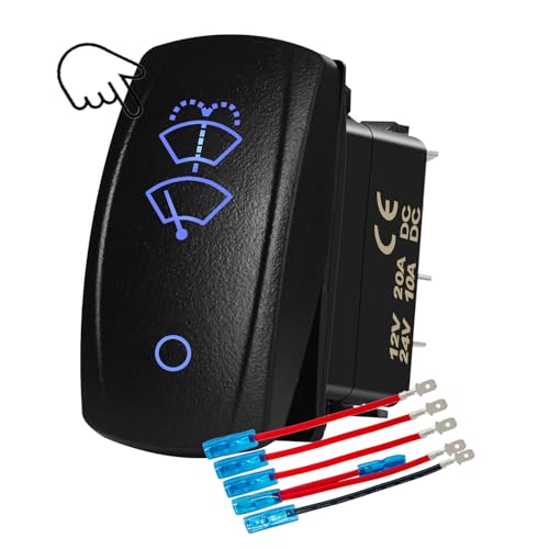 Blue LED Windshield Wiper Washer Rocker Switch 12V/24V 6Pin DPDT 3Position Momentary (ON)-ON-Off Waterproof for Cars Trucks RVs Boats