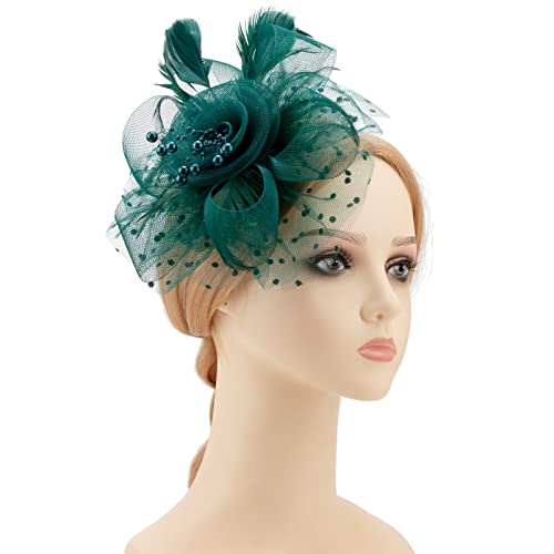 Image of DRESHOW Fascinators Hat Flower Mesh Ribbons Feathers on a Headband and a Clip Tea Party Headwear for Girls and Women