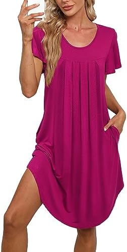 Bestshow Plus Size 4XL Pleated Nightgown Soft Nightshirt Sleep Pajama Dress Short Sleepshirt Loungewear Sleepwear Rose