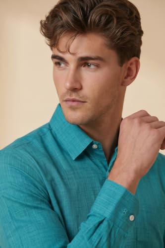 Image of Peter England Men's Slim Fit Full Sleeve Formal Textured Solid Shirt | Festive Duo-Tone Colour | 100% Cotton