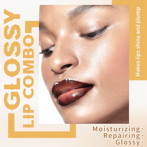 2 Colors Nourishing Lip Gloss Hydration Non-Sticky Plumping Lip Kit for Women, Natural Nude Tinted Lip Glow Oil Moisturizing Lightweight Long Wear Shiny Liquid Lipstick with Lip Liner Combo