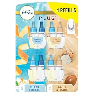 Febreze Plug In Air Freshener, Odor-Fighting Scented Oil Refill For Home, Bathroom, & Kitchen, Long Lasting, Refresh & Energize and Soothe & Restore Scents, 0.87oz Refills, 4ct (2 of Each)