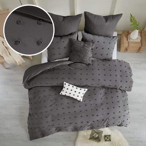 Intelligent Design Cotton Comforter Set - Jacquard Tufts Pompom Design All Season Bedding, Matching Shams, Decorative Pillows, Full/Queen (88 in x 92 in), Charcoal 7 Piece by Intelligent Design - Used condition - US$33.21