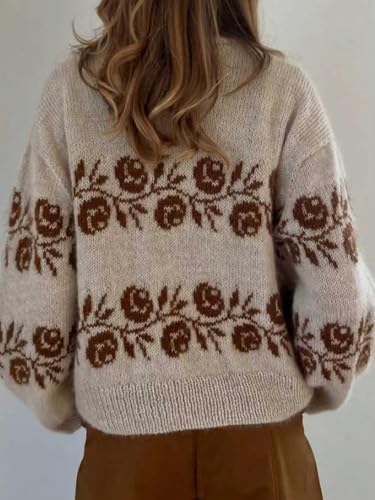 Image of ZAFUL Flower Crochet Turtleneck Sweater for Women Pullover Puff Long Sleeve Boho Knit Sweaters Trendy Knitwear Tops