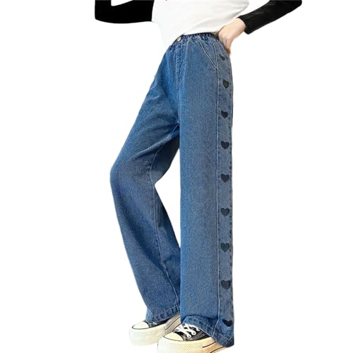 BILIKEYU Girls Jeans Heart Prints High Waist Stretch Straight Wide Leg Casual Denim Pants with Pockets for Kids