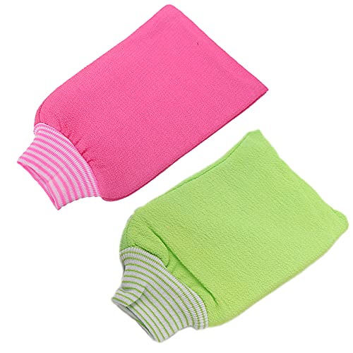 LISSOMPLUME 2 Pack Mens Body Exfoliating Bath Mitt Hammam Shower Gloves Hand Scrub Towel for Women Rose Red & Green