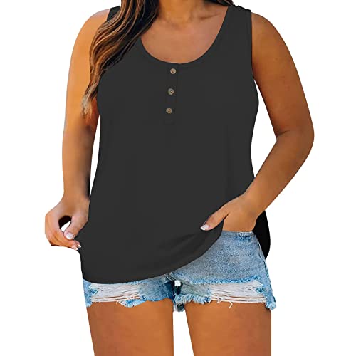 Camiseta de tirantes para mujer, talla grande, holgada, cuello redondo, sin mangas, ligera, lisa, para gimnasio, deportes, color sólido, con botones frontales, cómoda camiseta básica, Negro, 4XL
