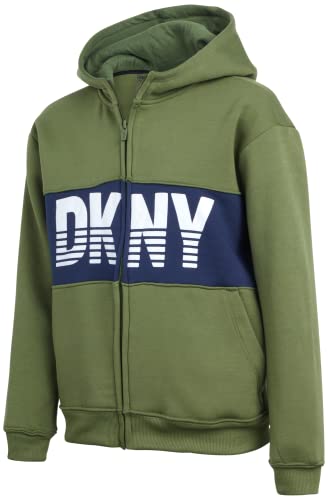 Dkny Boys' Sweatshirt - Color Block Fleece Zip-Up Hoodie Sweatshirt (Size: 8-20), Size 14/16, Olive/Blue Logo #TOP3