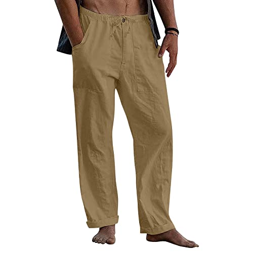 Mens Casual Linen Pants Loose Fit Wide Leg Pants Elastic Drawstring Waist Straight-Legs Summer Yoga Beach Long Pants