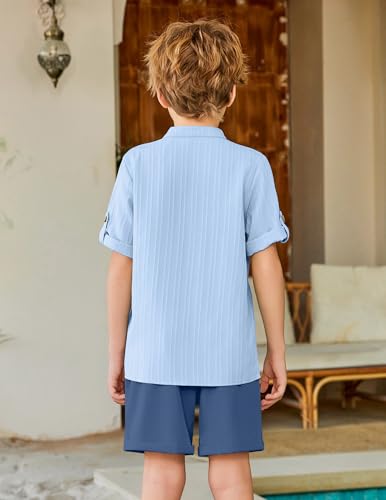 Image of Arshiner Boy's 2 Piece Beach Outfit Short Sleeve Textured Button Down Shirt and Short Sets Summer Vacation Wear 4-12 Years