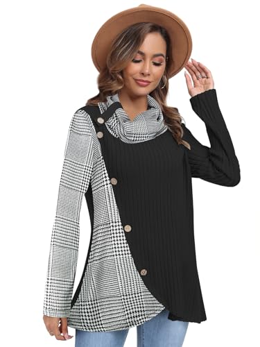 Image of Cestyle Cowl Neck Tunic Sweaters for Women Long Sleeve Casual Pullover | Long Coverage,Leggings Friendly,Curved Asymmetrical Hem,Soft Stretch Fabric,Relaxed Fit,Christmas Shirts Black Small