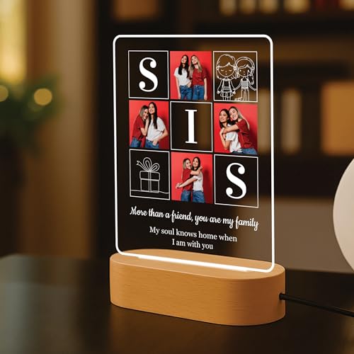 Image of Giftplease Personalised Rakhi Gift for Sister - Custom Acrylic Photo Collage Frame with Wooden Base, Meaningful Raksha Bandhan Keepsake from Brother, Personalized Memory Display for Siblings, Decor