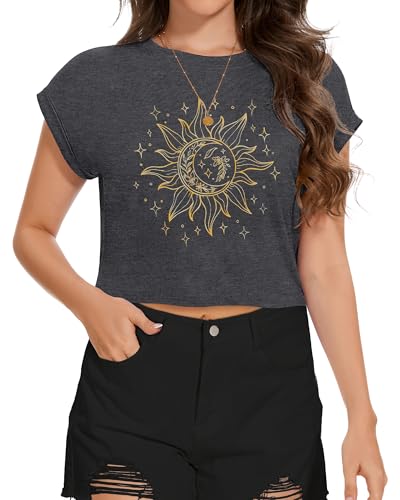 Image of Womens Crop Tops Summer Roll Cap Sleeve Cropped Tshirt Loose Fit Basic Tees