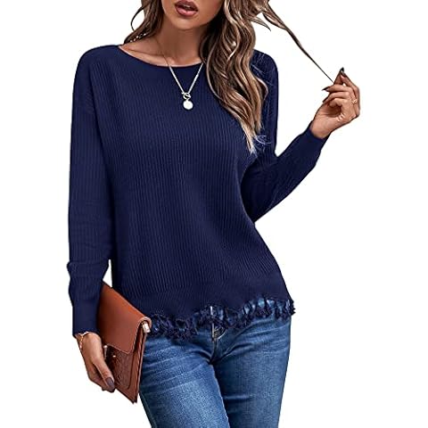 VOTEPRETTY Women's Boat Neck Fall Sweater 2022 Long Sleeve Tassel Solid Loose Casual Knit Pullover Tops (Sapphire,S) Cover