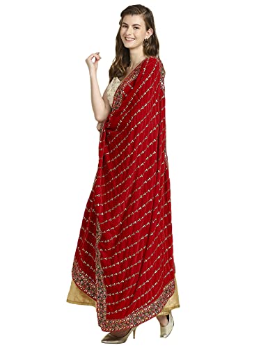 Women's Embroidered Velvet Dupatta Free Red2