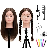 TwoWin Friseurkopf mit Haaren, 20 Zoll (50.8 cm) 100% Echthaar Mannequin Kopf, Übungskopf Haar Friseur, Trainingsköpfe für Styling & Friseurpraxis mit DIY Haare Frisuren Set (Braun)