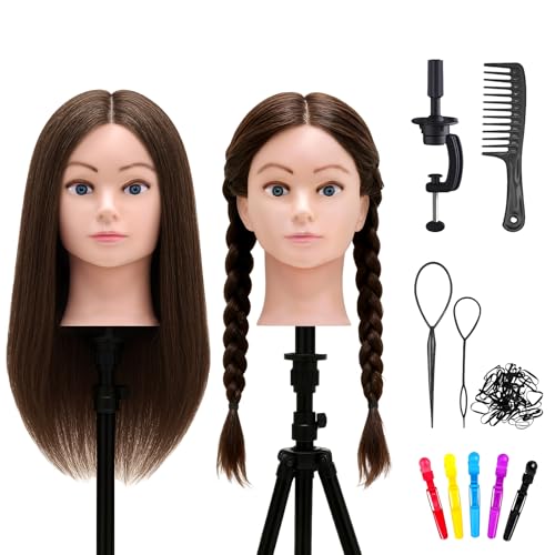 TwoWin 20 pouces (51cm) Tête à Coiffer Professionnelle, Tête a Coiffer 100% de Vrai Cheveux Humains, Têtes d'exercice Coiffure avec Support de pince + Ensemble de Tresse (Brun)