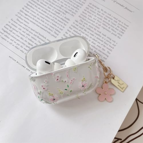 Image of MINSCOSE Compatible with AirPods Pro 2nd /1st Case Clear Case, Cute Cartoon Flower Pattern Design with Aesthetic Floral Keychain Soft TPU Protective Shockproof Cover for AirPods Pro /Pro 2-Pink