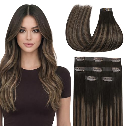 Image of Full Shine Seamless Clip in Hair Extensions, Brown Blonde Blend | Clip in Hair Extensions, 18 Inch 85g 4 Pcs, Fuller Ends, Straight Finish, Family Photos, Shoulder-Length Hair