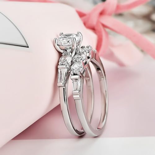 2Pcs White Gold Plated Round White Cubic Zirconia Engagement Rings Wedding Bridal Band Promise Rings Evening Parties Anniversary Valentine's Day Gifts Eternity Bands for Women2