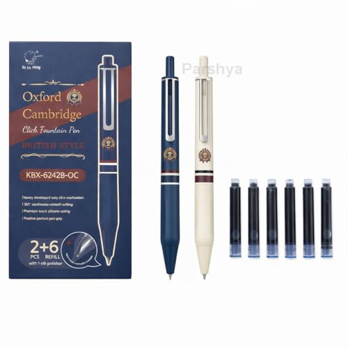 Image of KiddieWorld Oxford Cambridge Click Fountain Pen Set (2 Pens + 6 Ink Refills) | Smooth Writing, Quick Dry Ink, Premium British Style, Comfortable Grip | Gift Box for Students & Professionals
