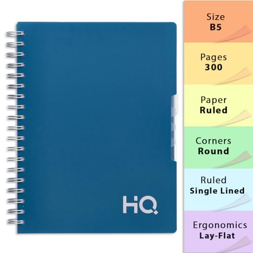 Image of HQ Navneet Five Subject Spiral Wiro Binding Office Notebook for Personal and Office Use | B5 Size - 25 cm x 17 cm | Blue | 300 Pages
